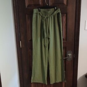 NYC Green Dress Pants With Side Calf Slits And Belt Tie